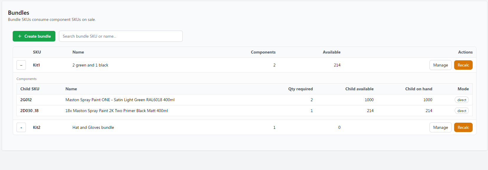 TrueSKU bundles screen showing bundle and component stock relationships
