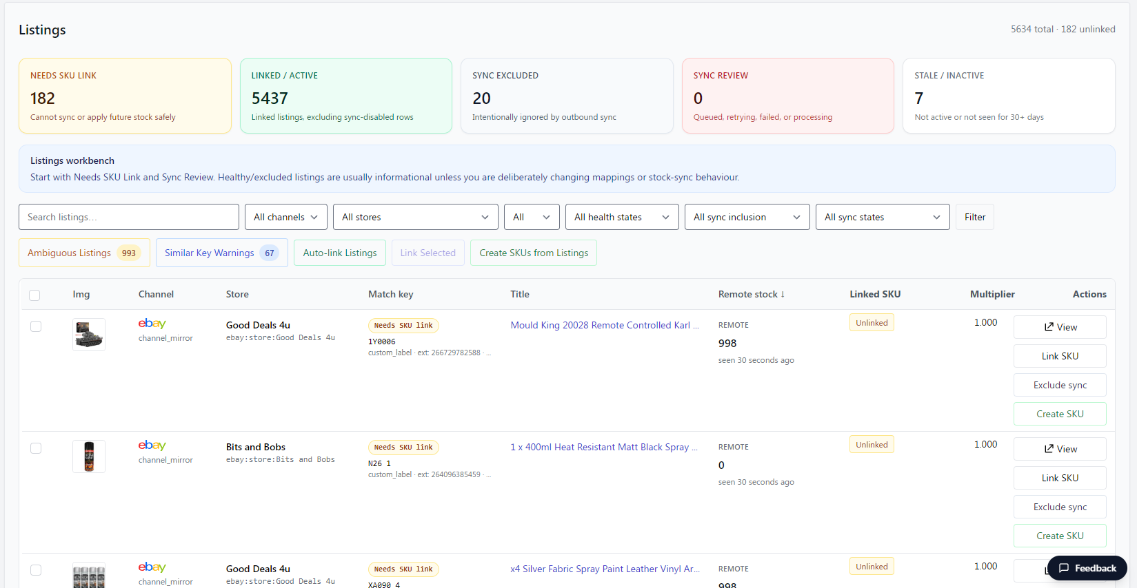 TrueSKU listings screen showing marketplace listings and SKU mapping