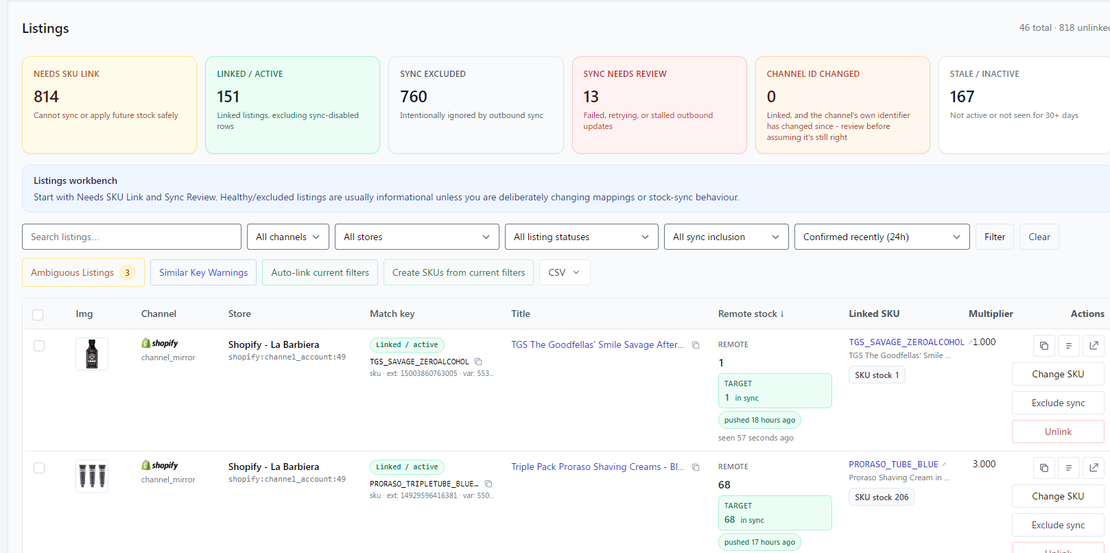 TrueSKU Listings screen: each linked listing shows the quantity on the channel, the target quantity TrueSKU wants it to be, and when it was last updated