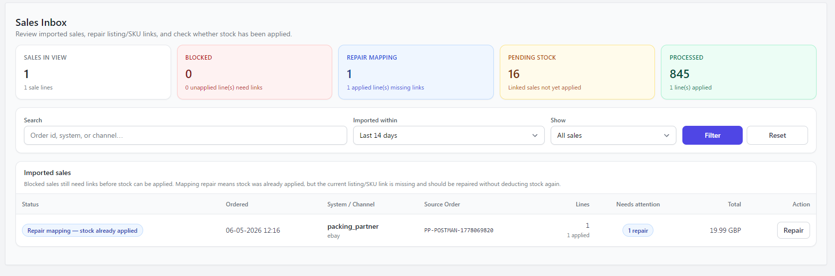 TrueSKU sale inbox screen showing sales that have come into the system