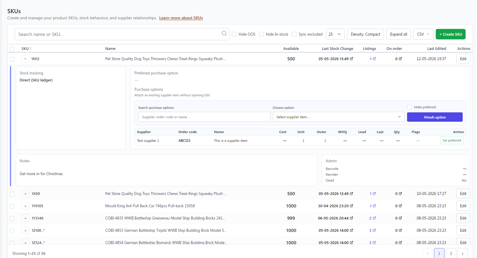 TrueSKU SKU screen showing stock levels and purchase options