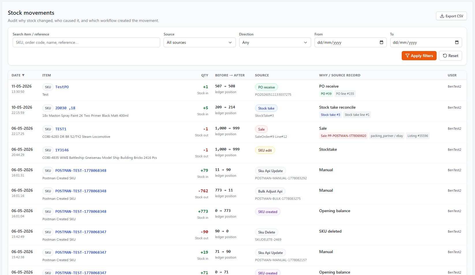 TrueSKU stock movements screen showing stock movement history and audit trail